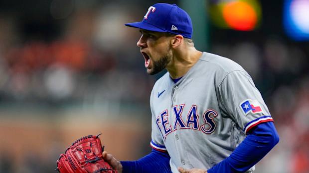 Nathan Eovaldi yells while walking off the mound